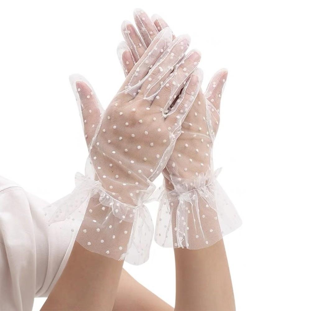 

Ultra Thin Tulle Polka Dot Gloves Transparent Full Finger Lace Mesh Gloves Breathable Wedding Party Mittens Dancing Party білий
