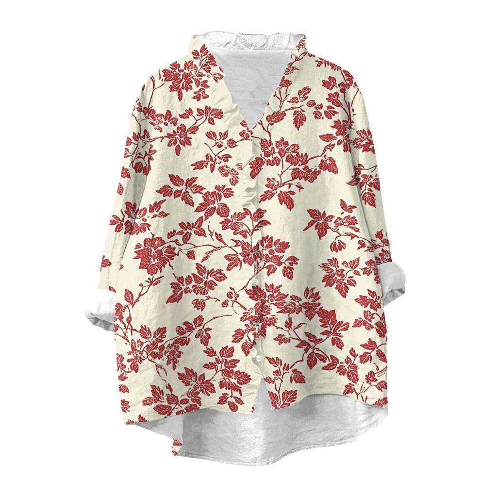 Women's Loose Ruffled Retro Floral Print Stand Collar Long Sleeve Cotton And Linen Top