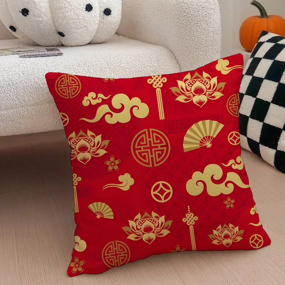 Chinese Red Festive and Auspicious Patterns Cushion Cover Throw Pillow Cover Hidden Button Durable Polyester Chair Cushion