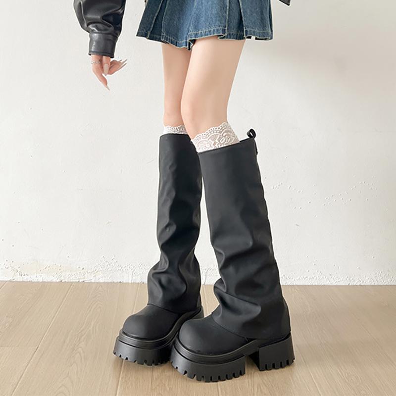 Winter Punk Style Pleated Women Knee High Boots Fashion Platform Height Increase Long Booties Zapatos De Mujer