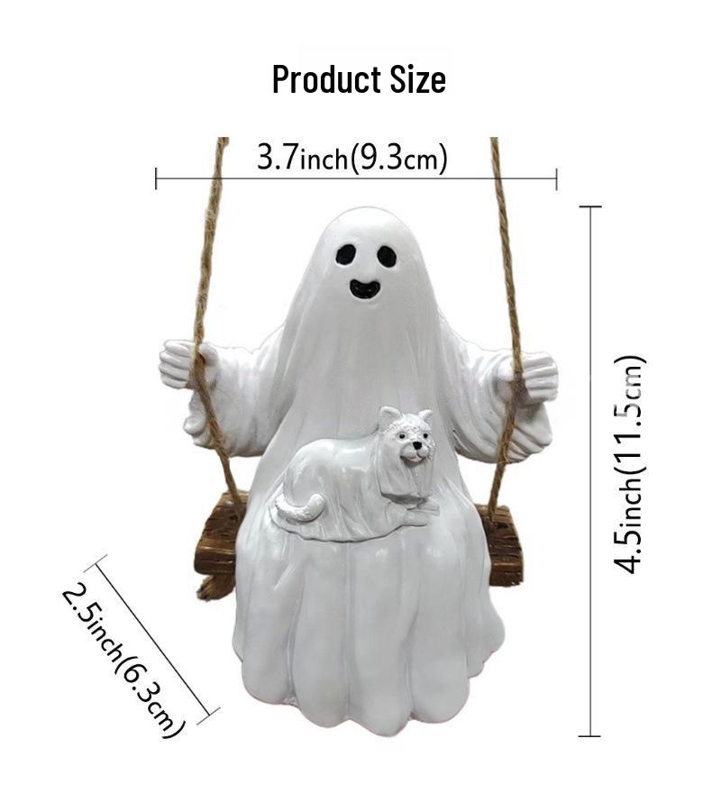 Ghost and Witch Pendant Set: Black-Clad Ghost Swing, White-Clad Ghost with Cat, Purple-Clad Witch for Courtyard & Garden Decor