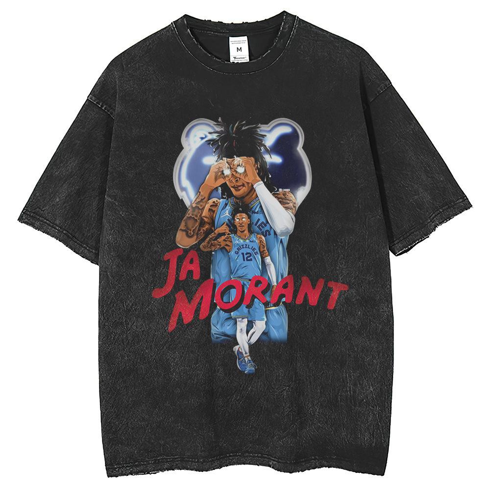 Retro Trendy Brand Heavy 250G Washing Water T-Shirt Morant Basketball Print Hip Hop Loose Big S