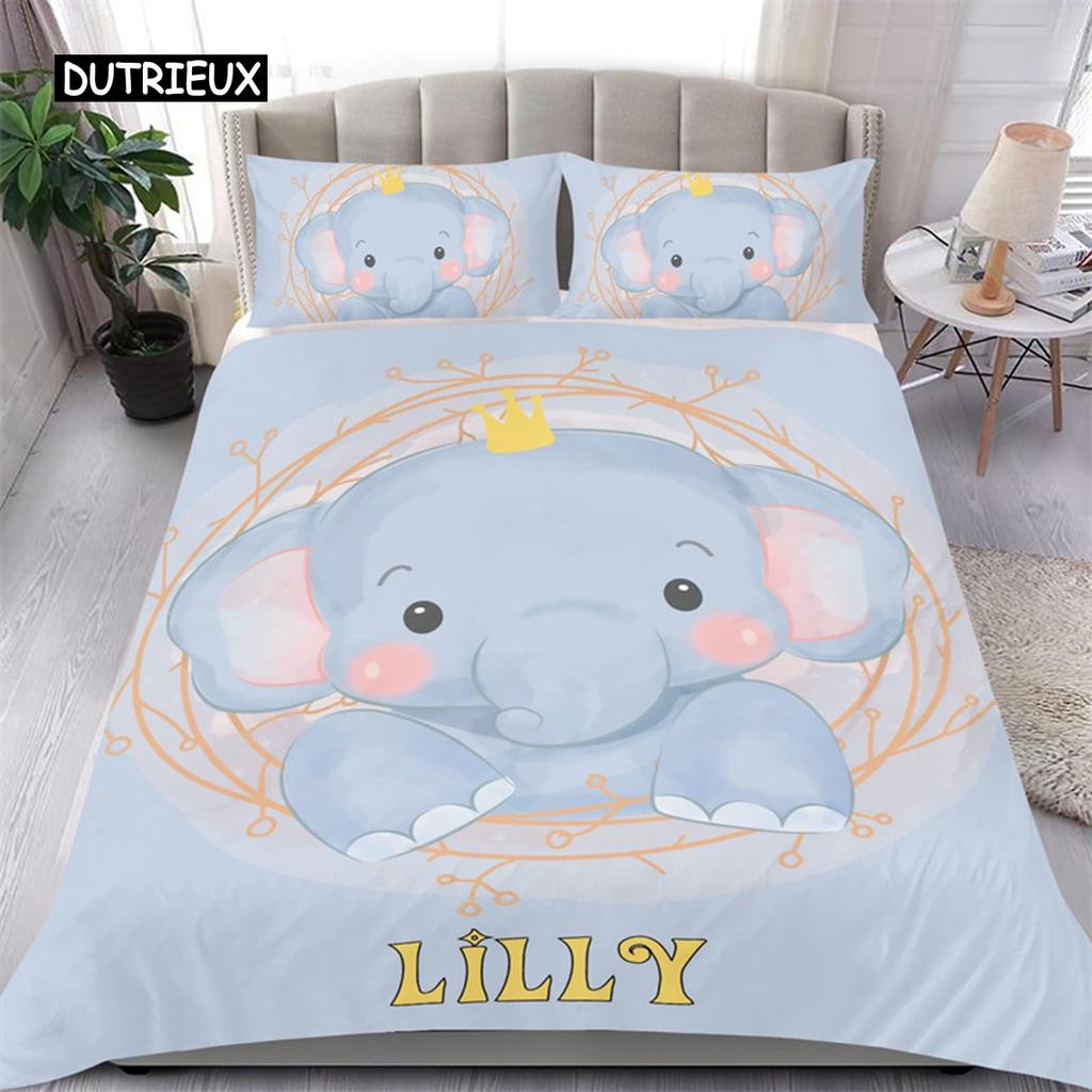 Cute Elephant Duvet Cover Set 2/3 Piece Cartoon Animal Bedding Set 3D Floral Comforter Cover Twin Full King For Boys Girls Gift