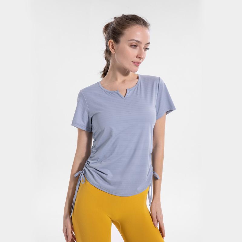 Women Loose Yoga Sports T-Shirts Quick Dry Breathable Fitness Workout Yoga Elasticity Short Sleeve Hem Drawstring Design