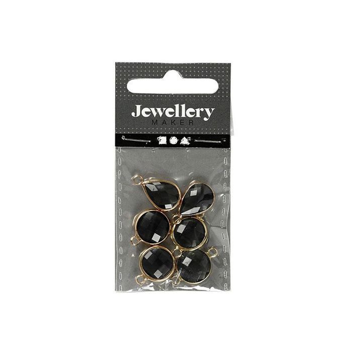 Pendentif - Noir - Assortiment de 6 pcs - Verre à facettes - Métal - 3 designs variés