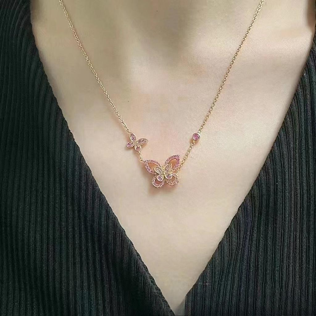 Ben V Gold Pink Diamond Phantom Butterfly Necklace Female Full Diamond Light Luxury Seiko Version Clavicle Chain Thick Gold 18k