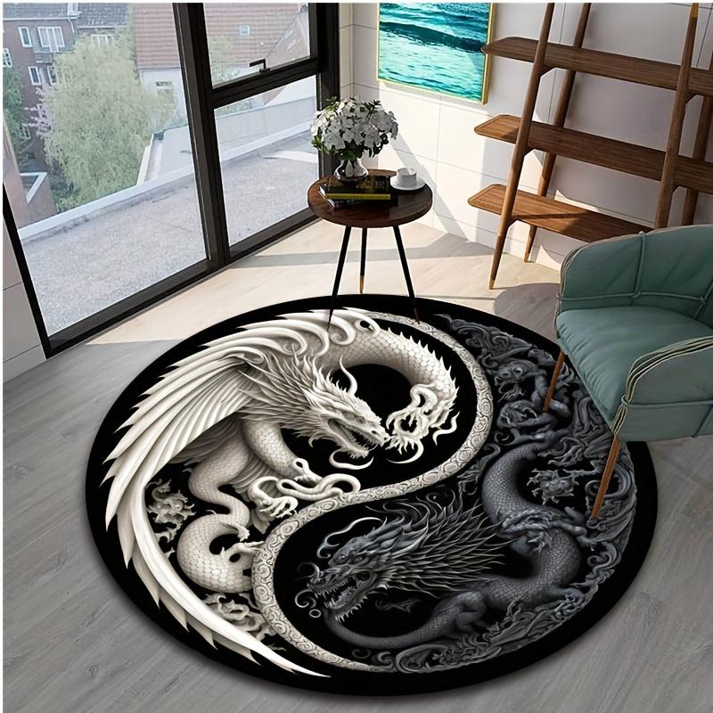 1Pcs Gothic Dragon Pattern Round Area Rug Indoor Non-Slip Washable Carpet, Non-Shedding Mat For Bedroom Living Room Office Machine Washable