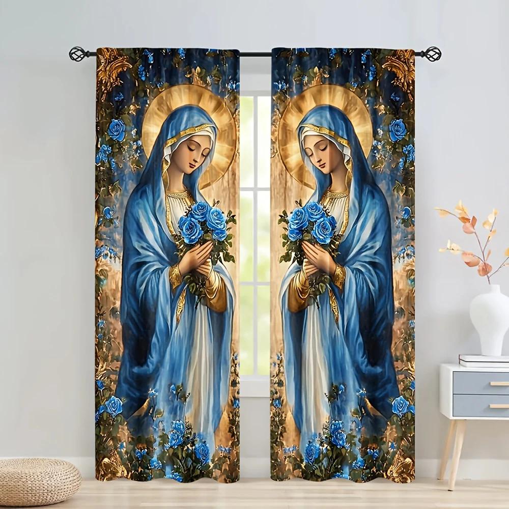 

Festival Blue Gold Design Virgin Mary Printed Curtains Home Decoration Room Curtain Made Of Polyester W100*H70(CM)-Grommet top&2PCS