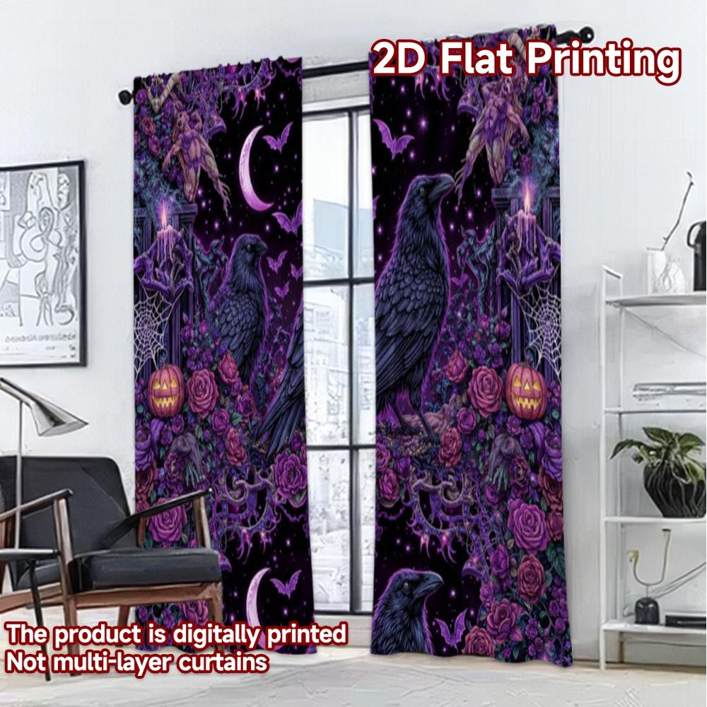 2D-Flachdruck, 2-teilige Vorhänge (Ohne Stange) Halloween Gothic Nacht Raben Schickes Vorhangstoff Vielseitiger Polyesterstoff