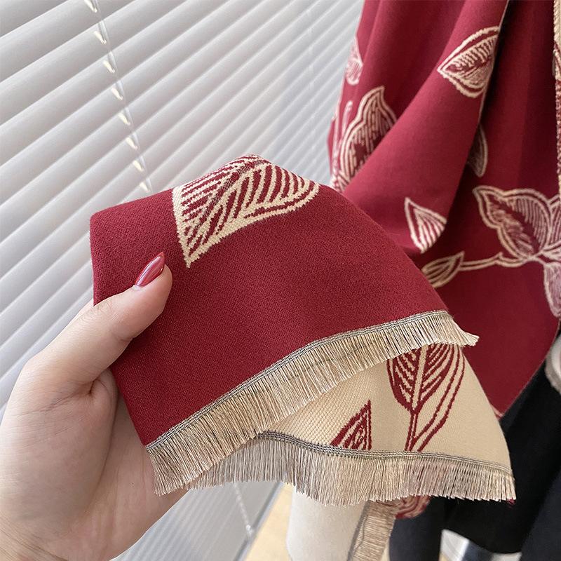 Imitation Cashmere Double-Sided Contrasting Color Versatile Plant Printing Double-Sided Warm Scarf Shawl Outer Women