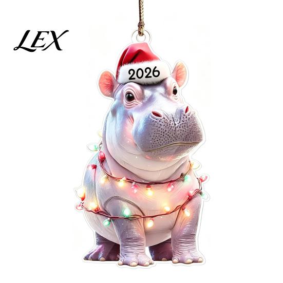 Christmas Tree Hanging Accessories Animal Ornaments with Lanyard, Cute Double Sided Pendant 2026 Acrylic Gift Tags Santa Hat, 2D Flat Sign for Holiday