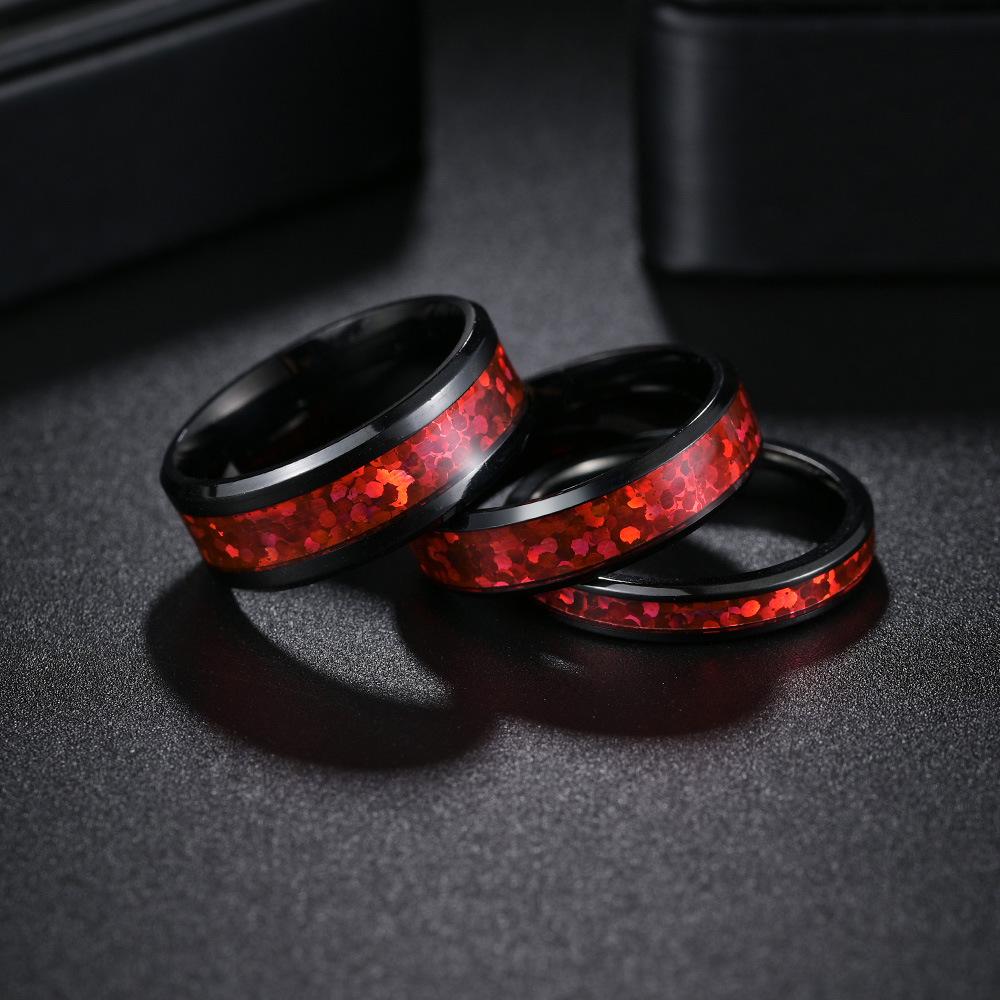 Fashion 4/6/8mm Black Titanium Stainless Steel Wedding Rings Inlay Imitation Red Opal Rings For Men Women Wedding Band Jewelry