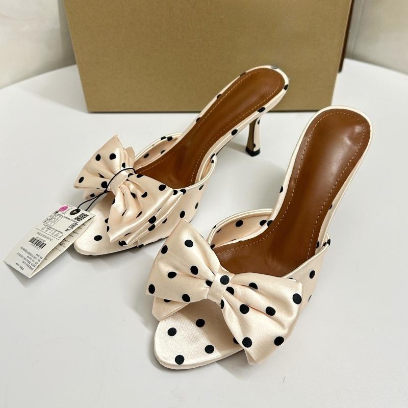 

Soleist Сандалии-мюли женские в горошек с бантом Peep Toe Ретро Сатиновые на шпильке Без застежки Повседневные Летние Туфли на высоком каблуке для женщин 36 бежевый
