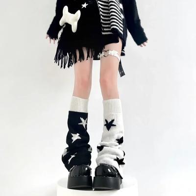 Aquecedores de Perna Tricotados Punk Y2K Estrela Cruz Gótica Harajuku Feminino Coração Usáveis dos Dois Lados Caimento Solto Coberturas de Perna Meia JK Altura da Coxa Lolita