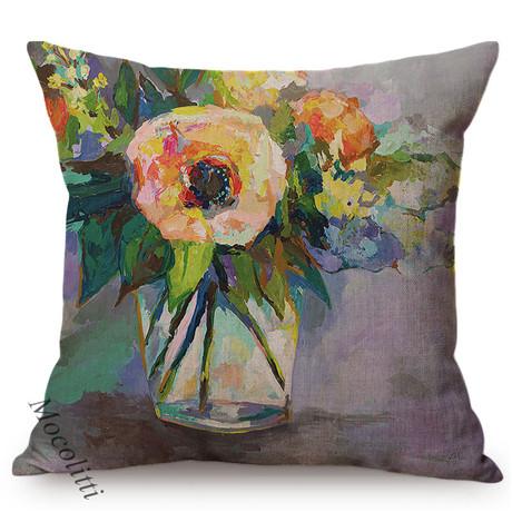 Vintage Florals Oil Painting Throw Pillow Case Nordic Glass Vase Art Sofa Decoration Cushion Cover Cotton Linen Pillowcase