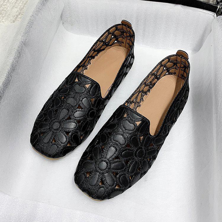 Women's Square Toe Loafers - Soft Leather, Hollowed-Out Flats for Spring/Summer 2025