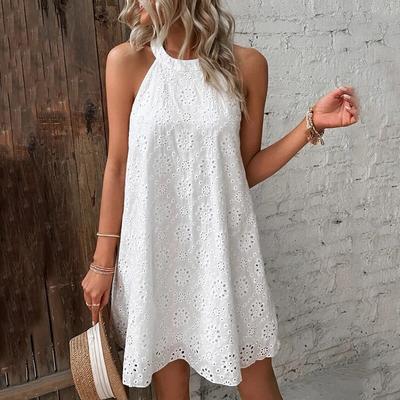 Senza maniche Abiti estivi bianchi Donna Vintage floreale Scava fuori il vestito Halter Elegante 2023 Solid A Line Abito corto Vestido 27749