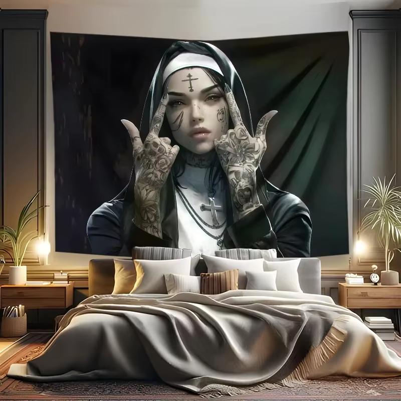 Gothic Nuns With Tattoos Tapestry, Rock Hand Sign Word Elements Wall Art For Living Room Backdrop Home Decor