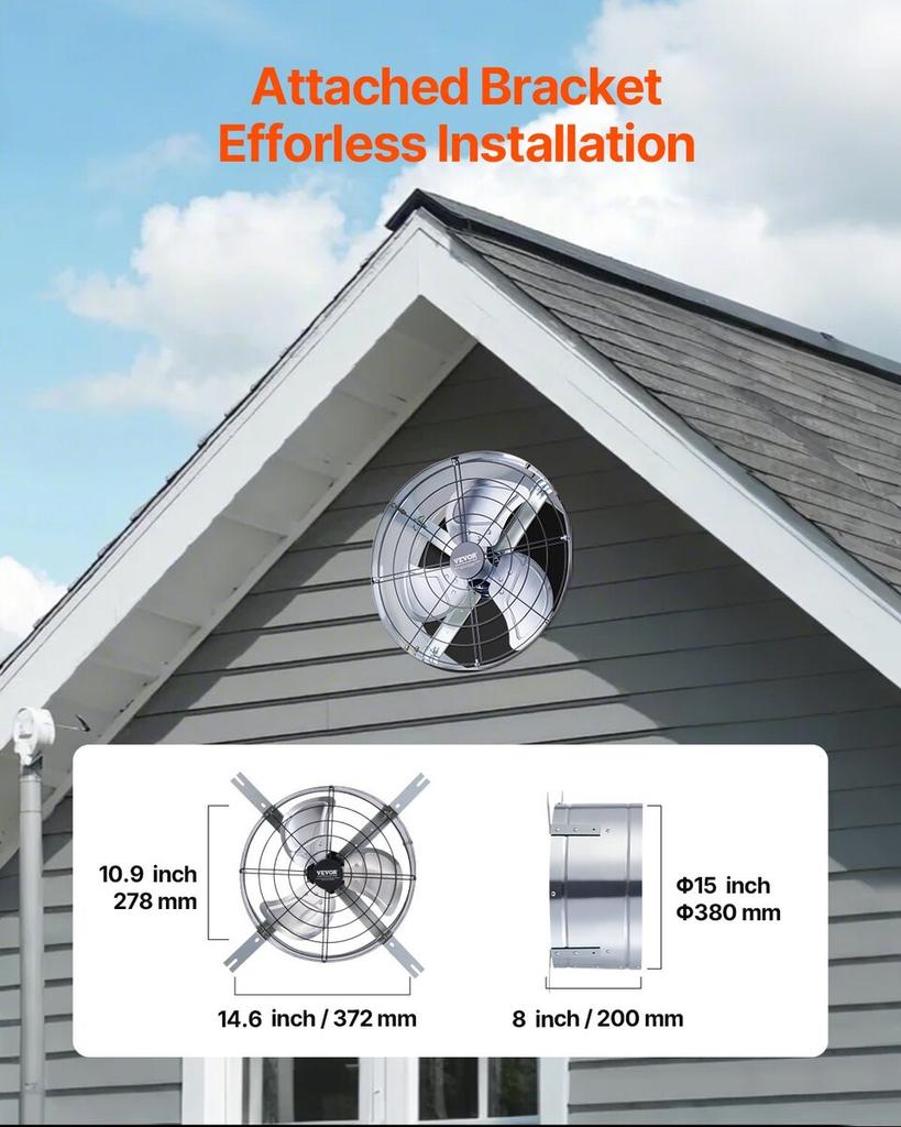 15" Gable Mount Fan 1300 CFM Attic Exhaust Fan with Adjustable Thermostat