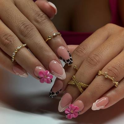 24PCS Sweet Cool 3D Pink Flowers Almond Press On False Nails Simple Nude Leopard Print French Fake Nails for Women Wearable Tips