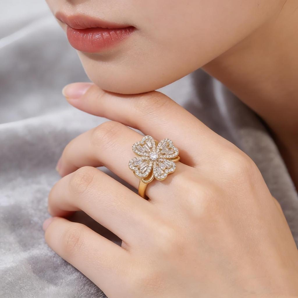 Zirconia Rotatable Flower Ring for Women - Niche Fashion, Light Luxury, Cool Style, Stress Relief, Open Design