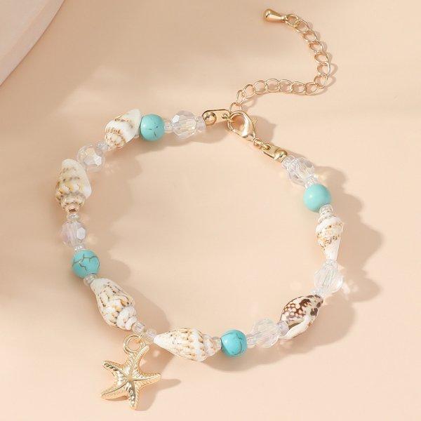 Trendige blaue Reiskorn-Kettenarmbänder für Damen Böhmisches Seestern-Muschel-Armband Sommer Strand Einfacher Schmuck Geschenke