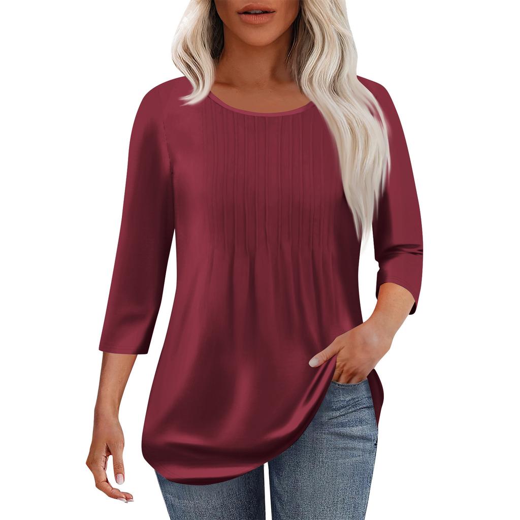 Modisches lässiges Damen-T-Shirt-Oberteil mit Rundhalsausschnitt, Falten und Sieben-Viertel-Ärmeln in Farbe