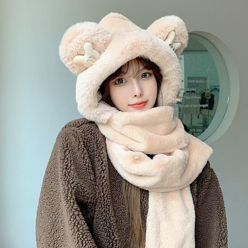 Bear girl winter plush hat scarf integrated thickened cute warm plush ear protectors hooded gloves three-piece set