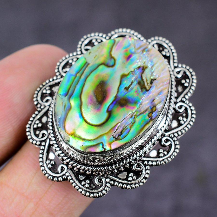 Natural Abalone Shell Gemstone Handmade 925 Sterling Silver Ring Size 9 E9b92