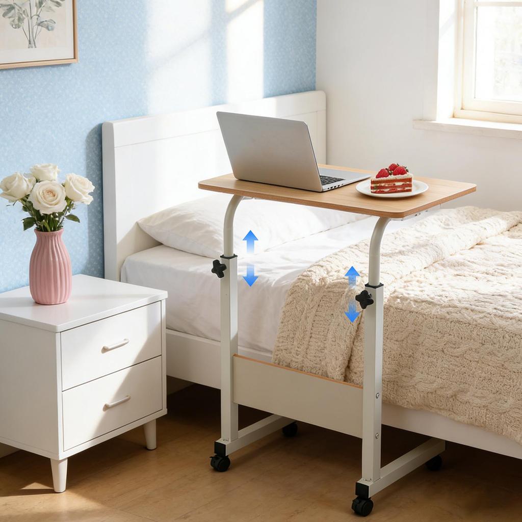 Height-Adjustable Mobile Laptop Desk – Rolling Computer Table with Lockable Wheels – White & Wood – 40 x 40 x 70-90 cm