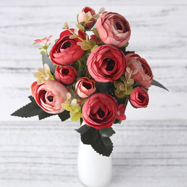 Dualswish European Vintage Bunga Hiasan Artificial Silk Rose Flowers 6 Head 4 Small Bud Bouquet Wedding Home Party Decoration