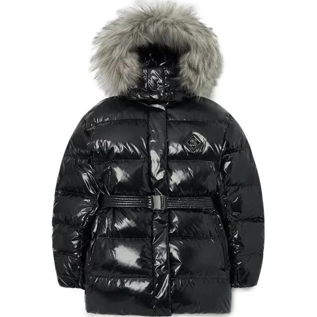 MLB Shiny Large Fur Collar Hooded Waist-Defined Down Jacket Women outerwear Black 3FDJB0326-50BKS