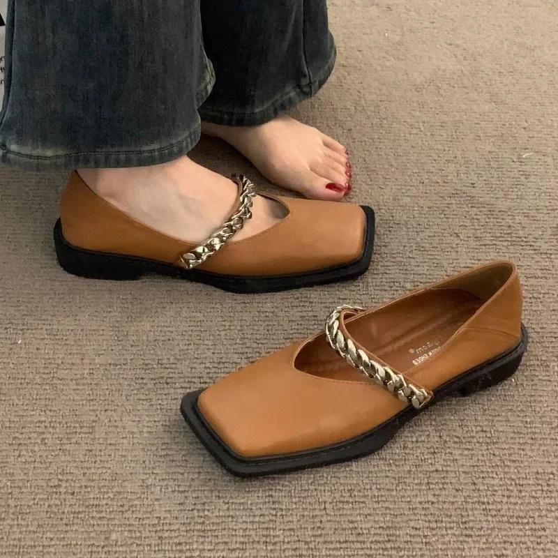 fashion Ladies Shoes on Sale 2024 Fashion One Kick Women's Flats Autumn Square Toe Chain Solid Low Heels Shallow Office Ladies Shoes