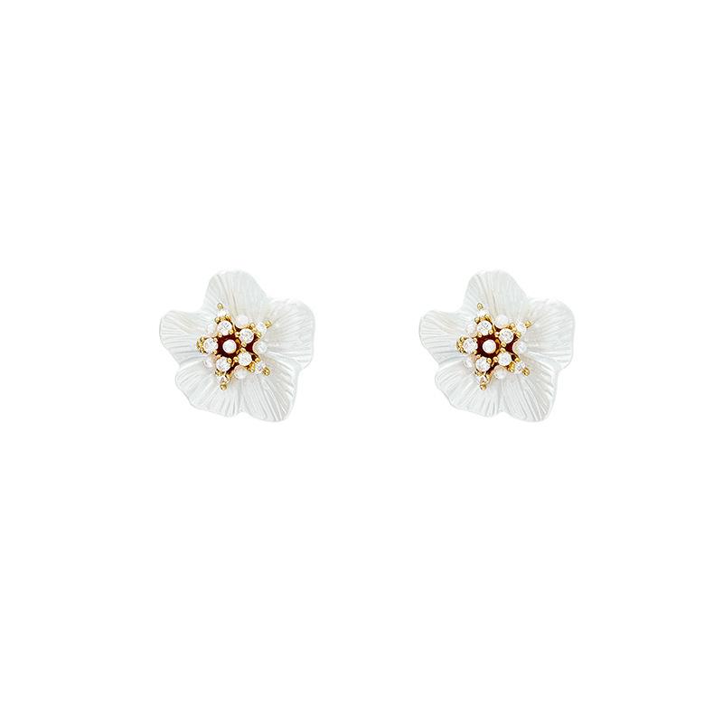 White texture five-petal flower stud earrings women's versatile niche design earrings simple temperament fashion earrings