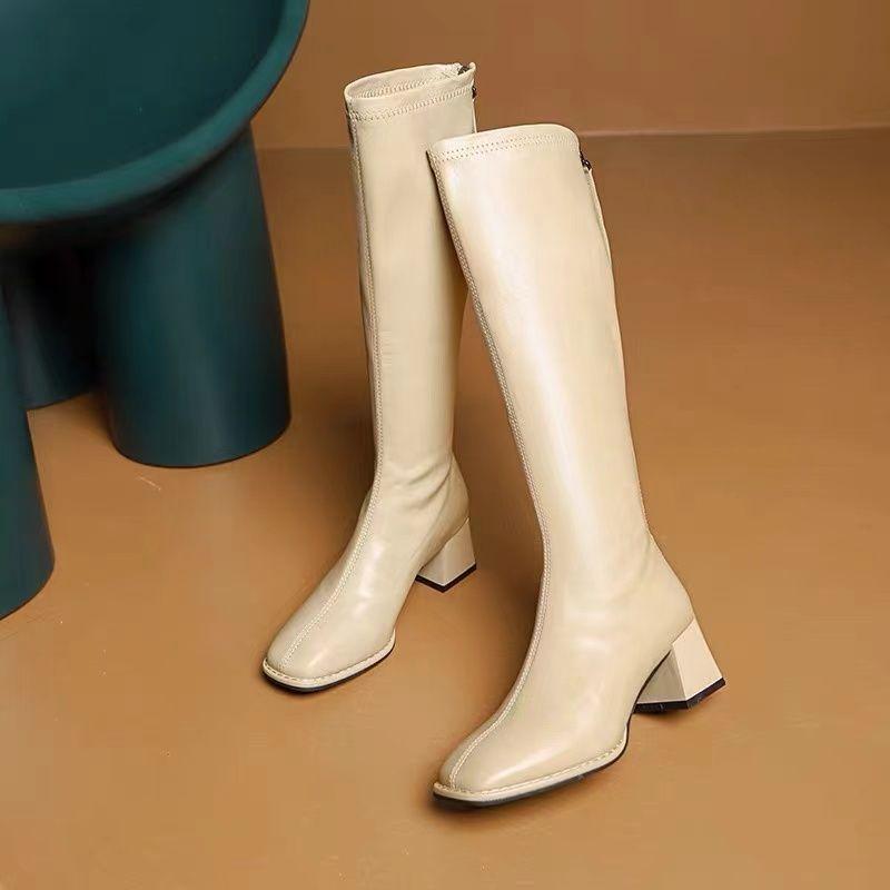 Fashion Spring Autumn Elegant Heeled Square Toe Leather Women's Long Boots Demi-season Gothic Trend 2025 Pu Ladies Knee High Shaft Shoes