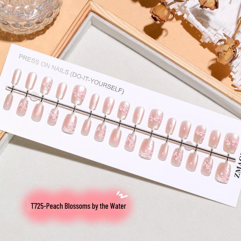 Peach Blossom 3D Blush Cat Eye Almond Nail Stickers, 30 Pieces