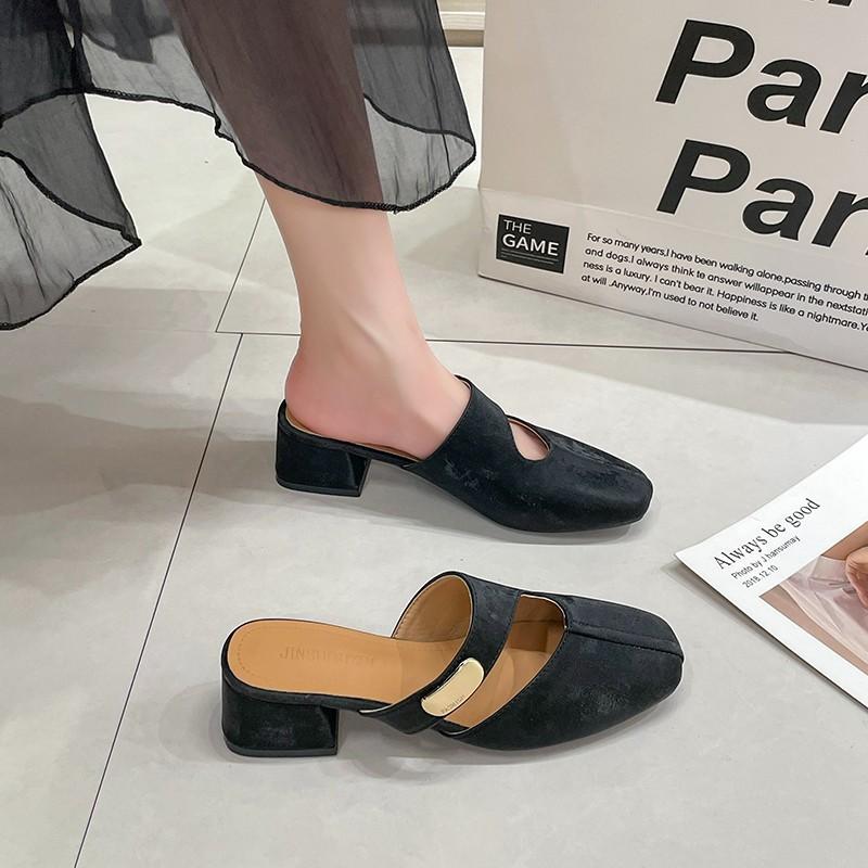 2025 new French temperament thick heel bag head half slippers women wear summer Mary Jane lazy Mill sandals