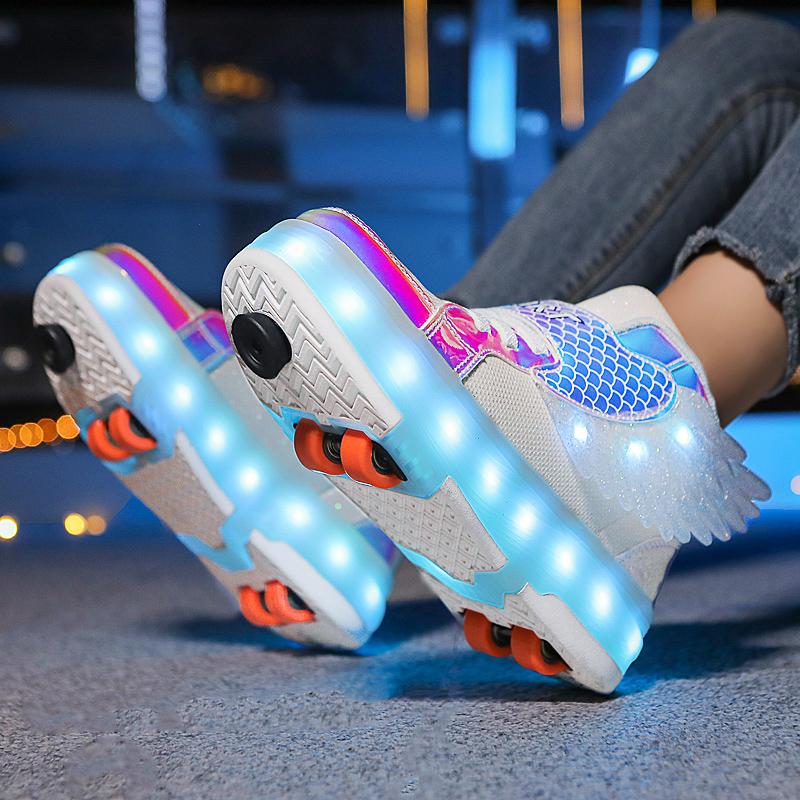 Kid's Four-wheel Detachable Flat Shoes Rechargeable LED Luminous Sports Shoes with Wings Children's Skates with Brakes Roller Skates sneakers