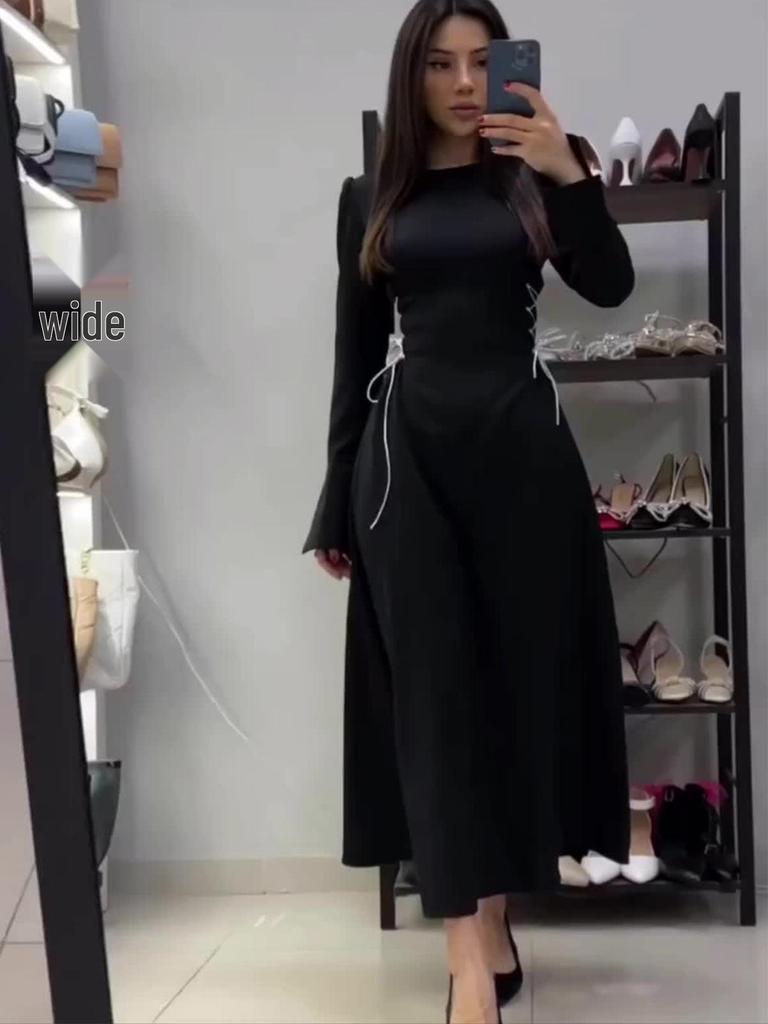 Women's 2025 Long Sleeve Round Neck Dress with Tie Waist, European Style Bell Sleeves, Fitted Waist for Autumn.