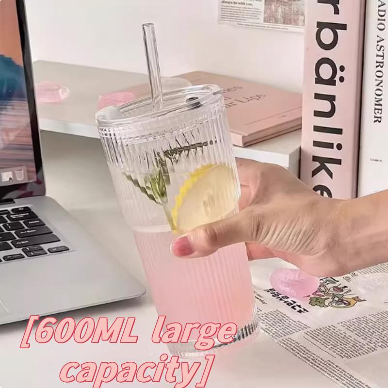 Simple vertical glass cup with lid and straw water cup high-value cold drink cup juice American coffee cup drink cup