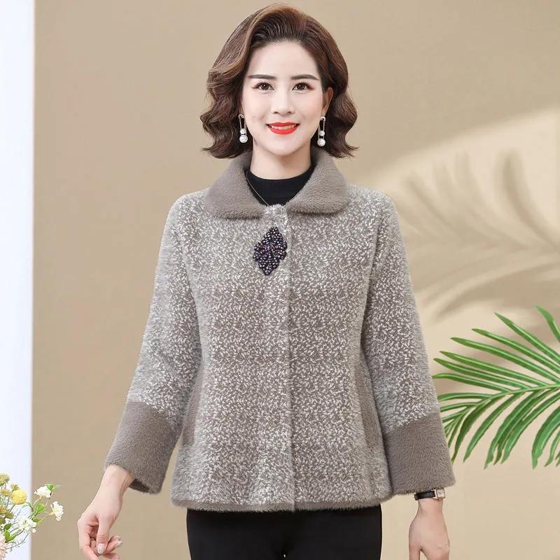 New Mother's Imitation Mink Velvet Sweater Coat Thick Middle Aged Elderly Women's Knitted Cardigan Short Woolen Jacket Outwear
