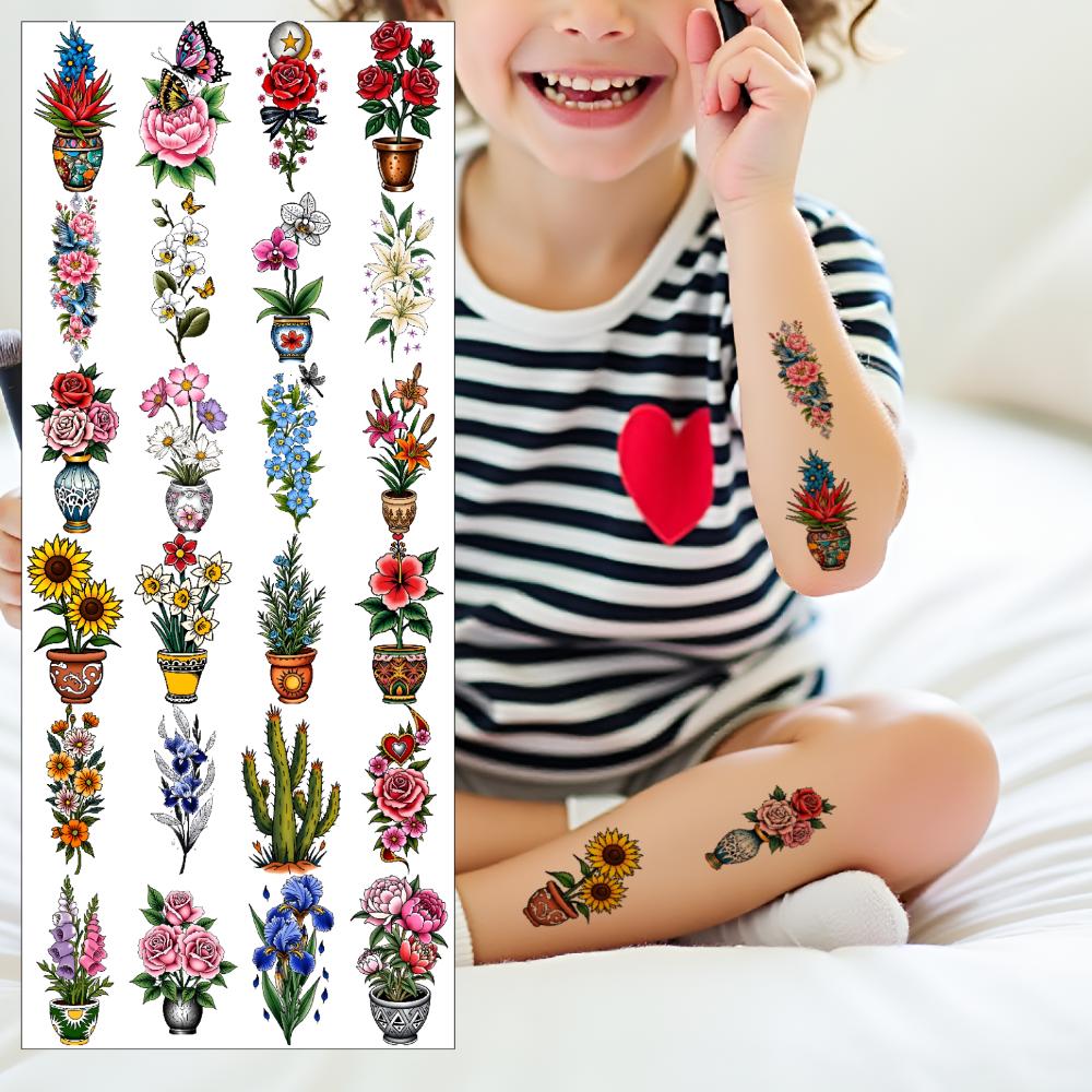 63pcs Temporary Tattoo Flower Tattoos Waterproof Long-lasting Body Stickers Potted Plant Designs Temporary Tattoo Stickers For