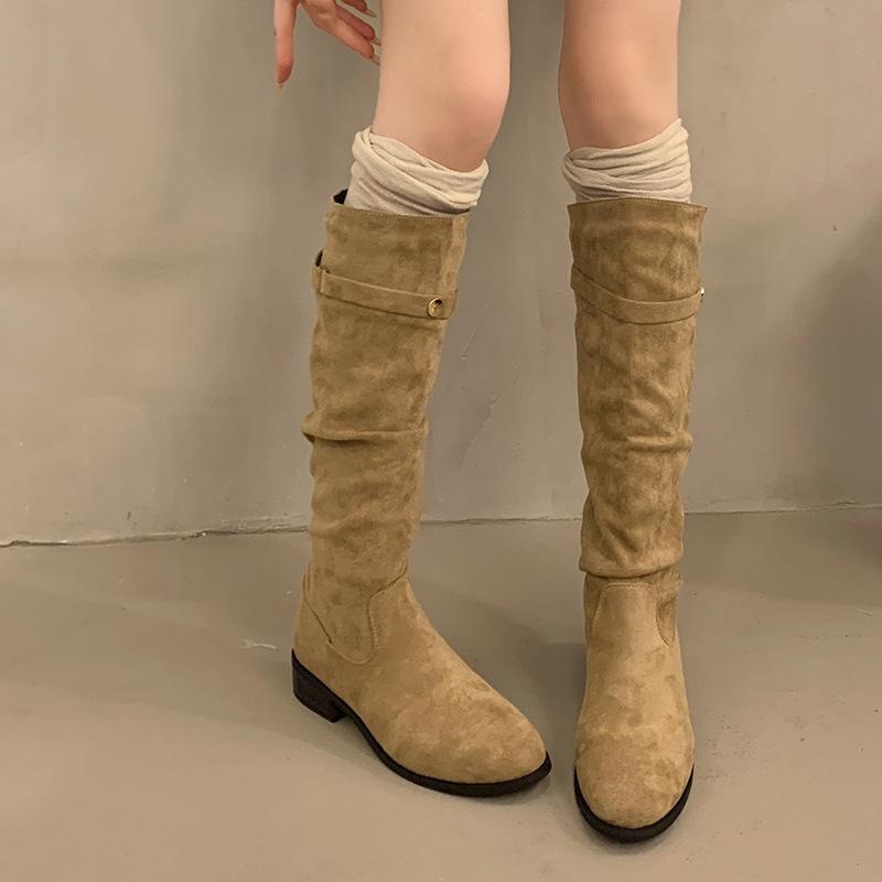 Französische Stiefel mit dickem Absatz aus aprikosenfarbenem Wildleder für Damen, 2025 neu, vielseitige dünne lange Stiefel für Frühling, Herbst und Winter