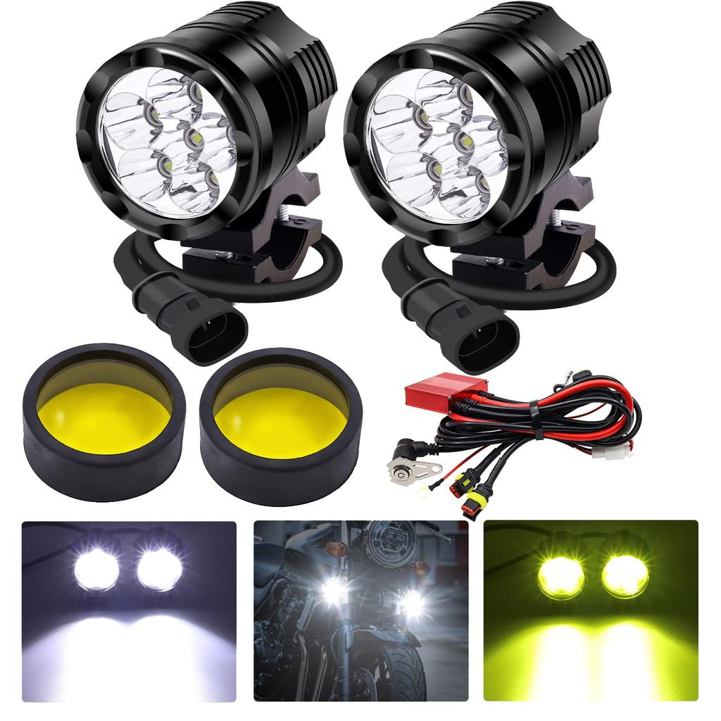 Motorcycle LED Fog Light Harness Auxiliary Compatible with 12V and High Work Light with Set Yellow X-STYLE Kit, 2-Color, 3-Mode Switch, 60W,
