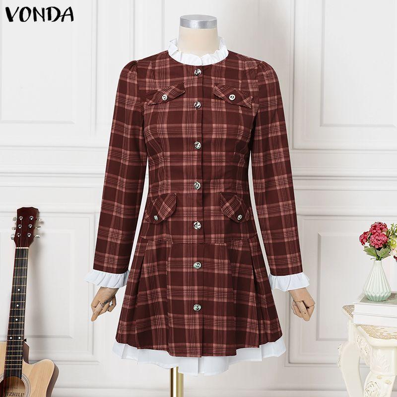 VONDA Rochie Casual de Damă cu Guler Înalt, Mâneci Lungi și Patchwork Plaid
