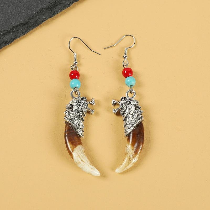 Tibetan wolf tooth earrings Tibetan silver inlaid real Tibetan mastiff dog tooth personality temperament niche earrings Tibetan earrings