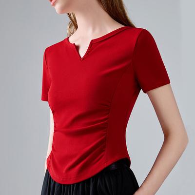 Short-sleeved T-shirt for Women's New Women's Clothing, Small V-neck Cotton T-shirt Curved Hem Pleated Short Waist Top
