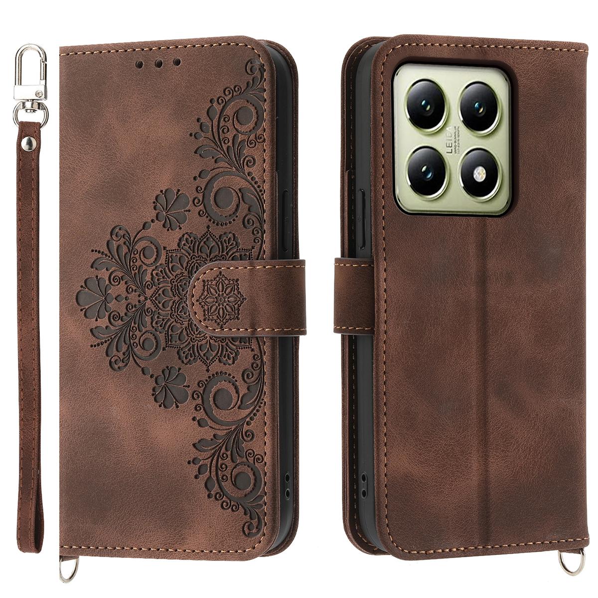 For Xiaomi 14T Case Flower Pattern PU Leather Wallet Phone Cover with Strap B