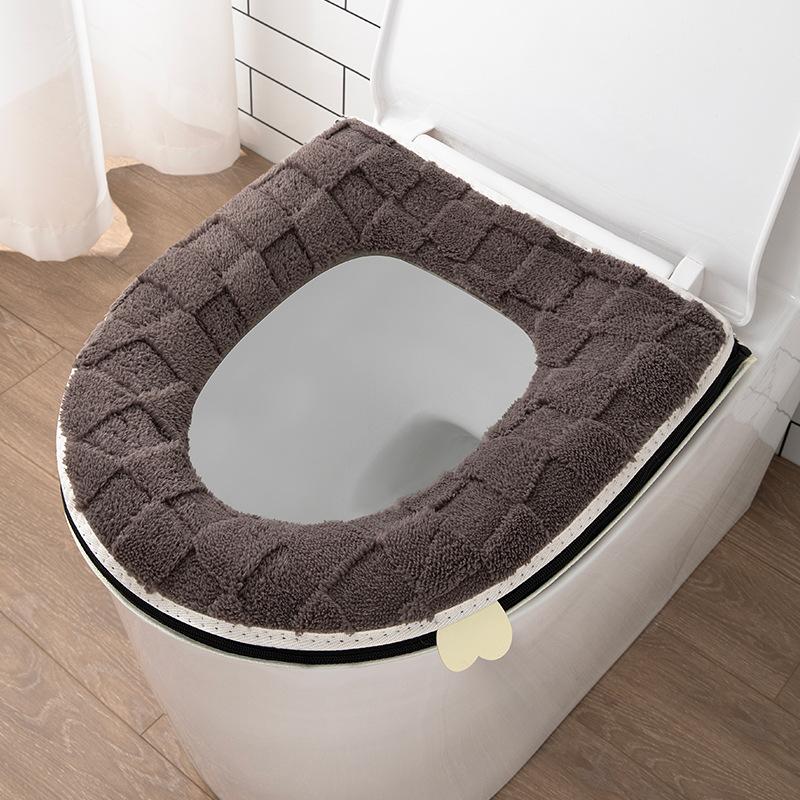 Thickened Plush Checkered Toilet Seat Cushion with Zipper, Winter Home Toilet Mat, Comfortable for Long Sitting Without Pressure