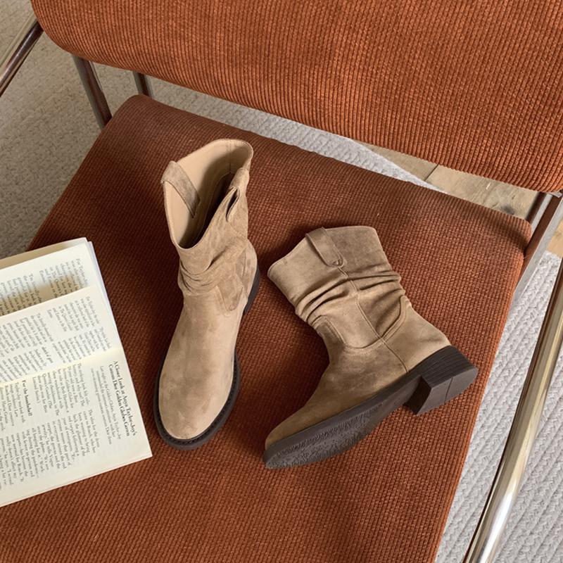 Fashion Autumn Winter Women Western Ankle Boots Fashion Slip On Thick Heel Shoes Ladies Elegant Pleated Short Booties